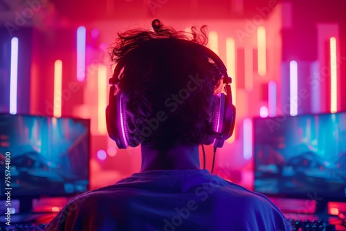 Professional male gamer streams live with neon lights in a retro arcade-style room, wearing headphones and playing online games on his computer.