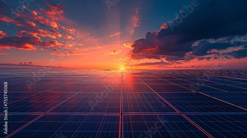 Solar panels on sunset sky background.