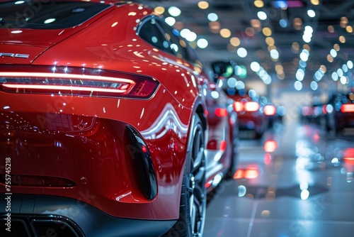 Luxury cars shine under bright lights at an exclusive motor show event, drawing admiring glances from attendees. © tonstock