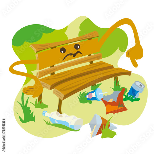 Funny illustration of a park bench pointing at rubbish lying around and being angry