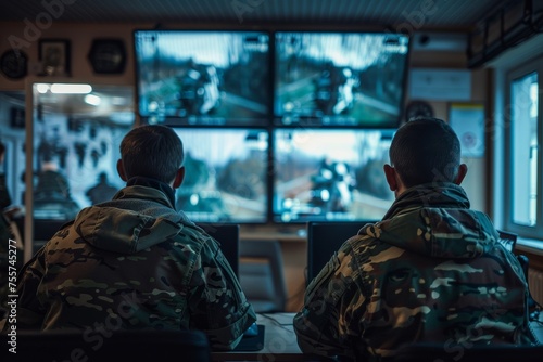 Military surveillance team tracks threats on computer screens in central office, ensuring national security through control and monitoring. photo