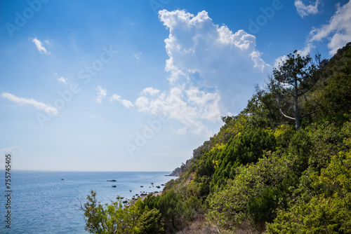 Beautiful coast of sea with rocks and green mountain at hot summer day