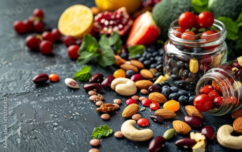 Health and wellness concept: Nutritional and vitamin supplements in a capsule, packed with the goodness of fruits, veggies, nuts, and beans for optimum nutrition.