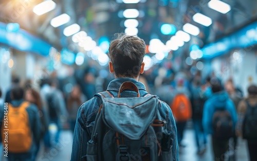 Man waits for train in crowded station, blurred commuters rushing by in city's daily hustle.