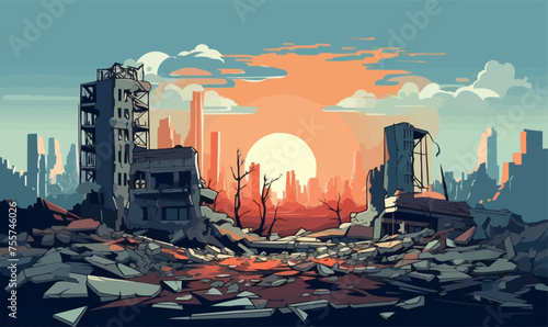 destroyed city demolished buildings vector flat isolated illustration photo