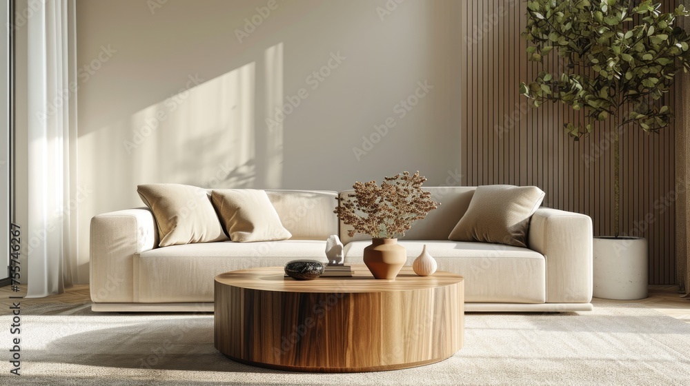 Bright ivory living room featuring a comfortable soft beige sofa and a ...