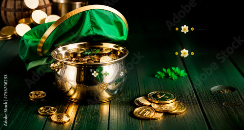 Celebrating St. Patrick's Day. Leprechaun treasures, a pot filled with gold coins and a green cap on a wooden table.
