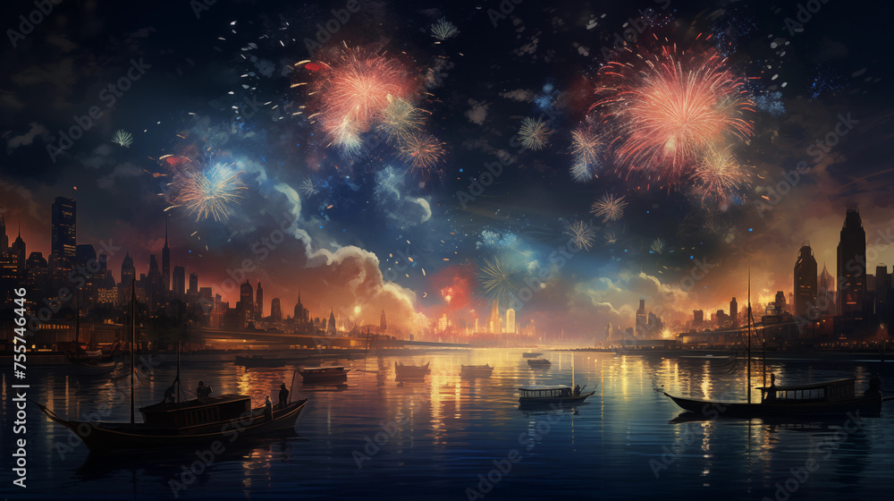Fireworks landscape over lake