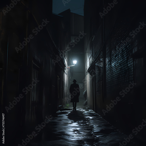 A mysterious figure in a dark alleyway. 