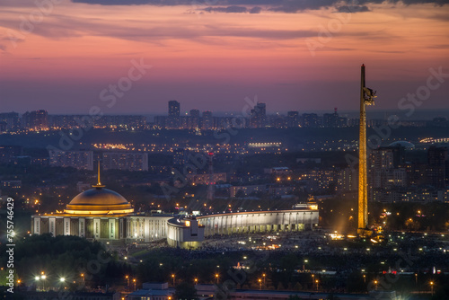 Victory park is architectural ensemble with monuments, obelisks at evening in Moscow, Russia