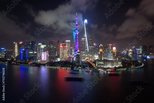Photography Shanghai pudong lujiazui skyscrapers at dark night and river in China