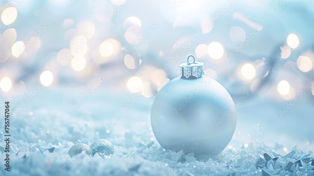 Delicate Christmas ornament in the snow with sparkling lights, conveying the festive spirit of the holiday season. Delicate Christmas ornament in the snow with sparkling lights, conveying the festive spirit of the holiday season.