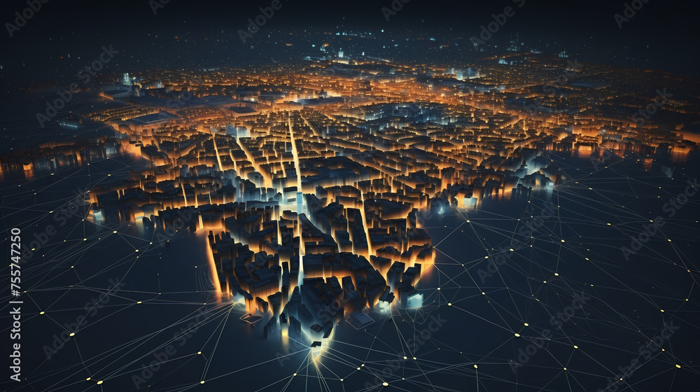 City plan with glowing city map and infrastructure grid, city map illustration City plan with glowing city map and infrastructure grid, city map illustration