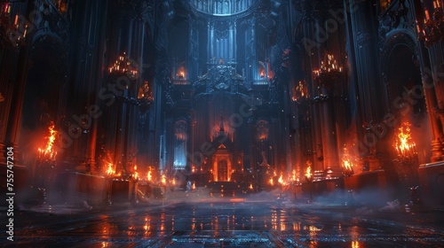 A gothic dark fantasy throne hall ablaze, sapphire glow on blackened spires; perfect for a dark fantasy game's epic scene.