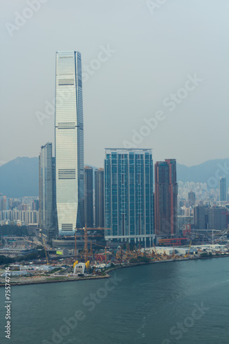 International Commerce Centre  modern highway  port on sea shore in Hong Kong  China  view from China Merchants Tower