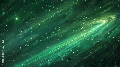 a vibrant green nebula swirling in the vastness of deep space, surrounded by gas clouds and distant stars sparkling against the cosmic backdrop.