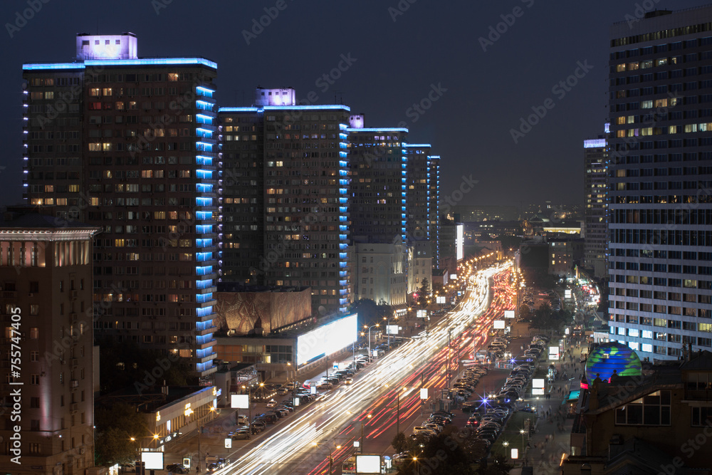 Beautiful Night Highway New Arbat at night in Moscow, long exposure