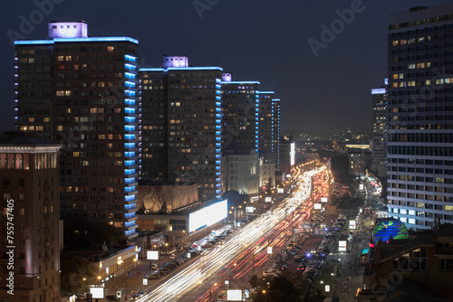 Beautiful Night Highway New Arbat at night in Moscow, long exposure
