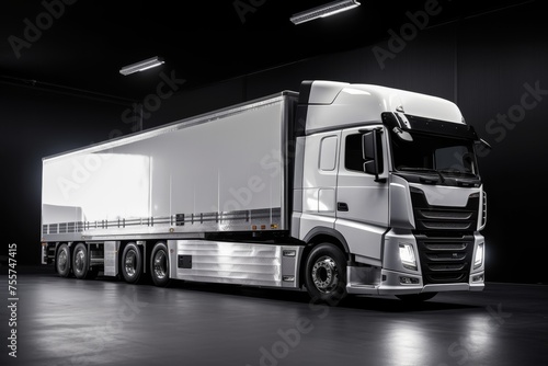 Modern truck with trailer on black background