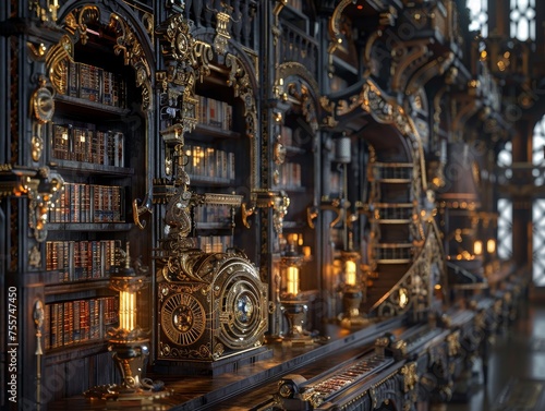 A grandiose and sophisticated vintage library interior, exuding old-world charm with ornately decorated bookshelves, golden accents, and classical architectural details.