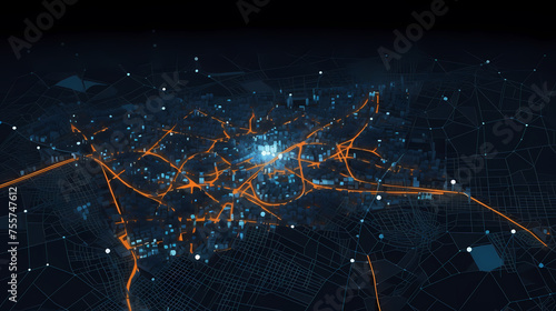 City plan with glowing city map and infrastructure grid, city map illustration