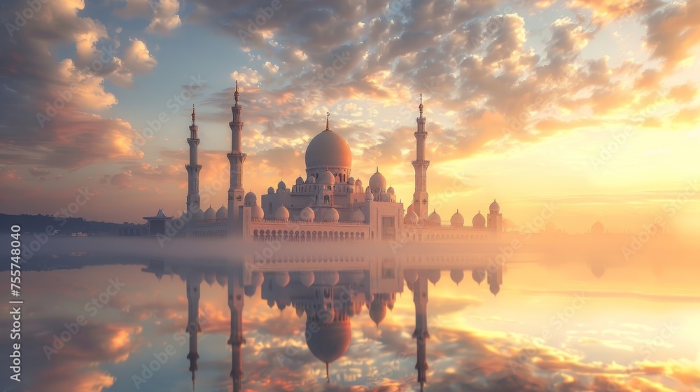 a majestic mosque with its pristine white domes and towering minarets is beautifully reflected in the calm waters below