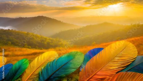 Majestic sunrise over rolling hills with vibrant colored feathers in the foreground