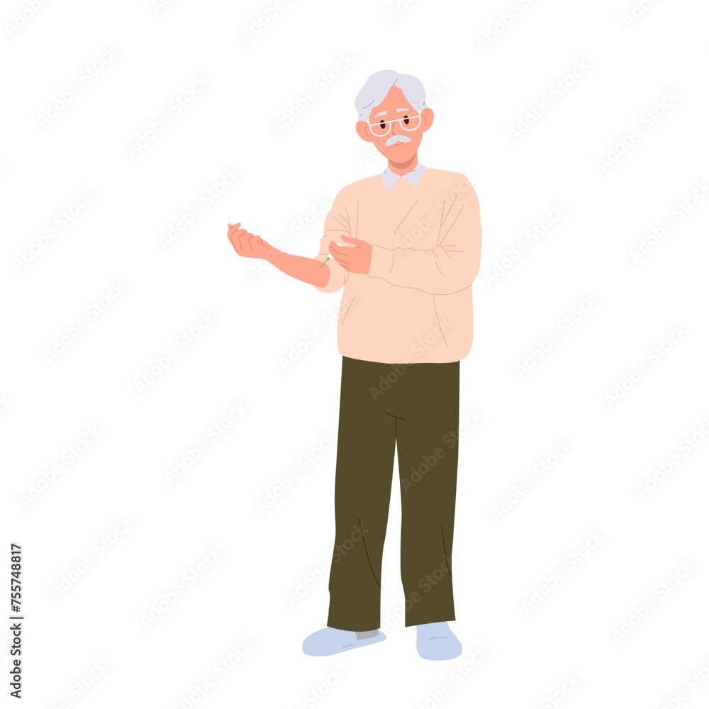 Mature senior man cartoon character with syringe making self-injection in hand vector illustration Mature senior man cartoon character with syringe making self-injection in hand vector illustration