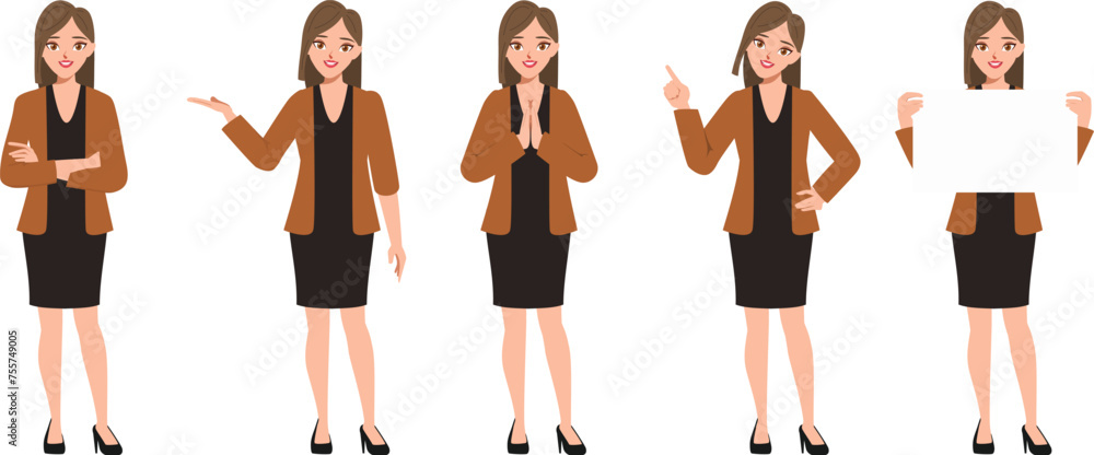 Fototapeta premium Businesswoman character pose set in suit uniform. Employee people in job.