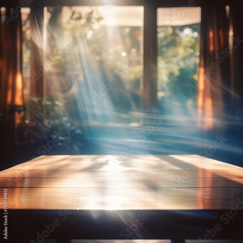 Abstract blurred window light with wooden table background