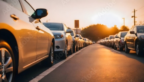 Car parked at outdoor parking lot. Used car for sale and rental service. Car insurance background. Automobile parking area. Car dealership and dealer agent concept. Automotive industry photo