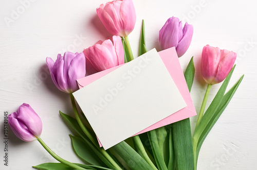 Invitation or greeting card mockup with tulips flowers