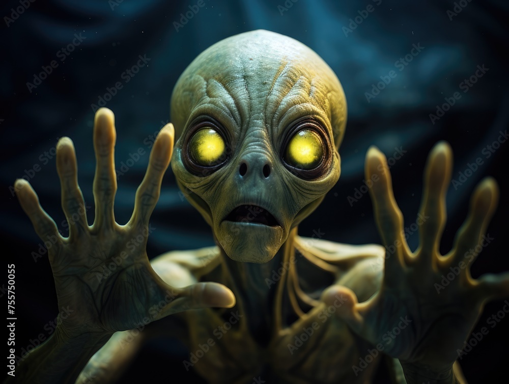 An alien against the backdrop of an atmospheric dark sky. UFO day An alien against the backdrop of an atmospheric dark sky. UFO day