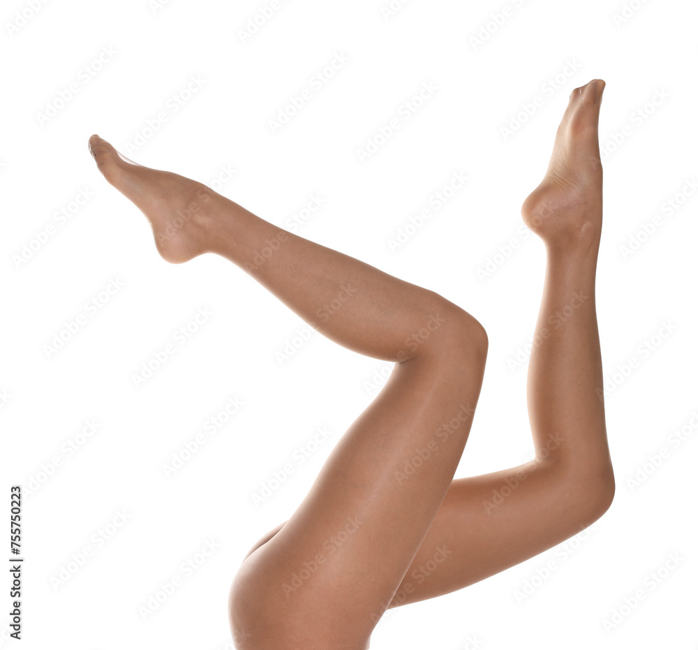 Woman with beautiful long legs wearing tights on white background, closeup Woman with beautiful long legs wearing tights on white background, closeup