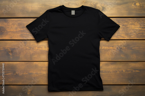 Black T-shirt Mockup on wooden planks background 