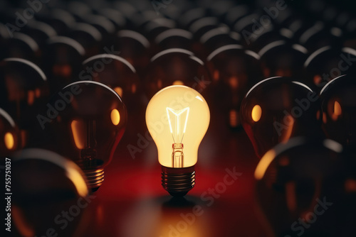 Concept of different and leader. Only one light bulb turn on standing out of the crowd. Generative ai.