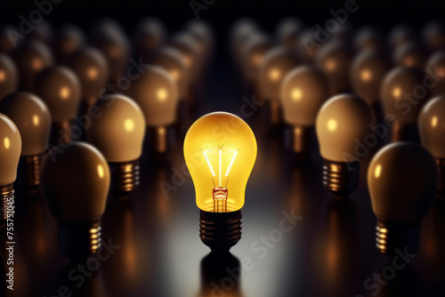Concept of different and leader. Only one light bulb turn on standing out of the crowd. Generative ai.