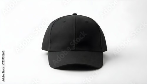 black baseball cap mockup front view, png file of isolated cutout object with shadow on background.
