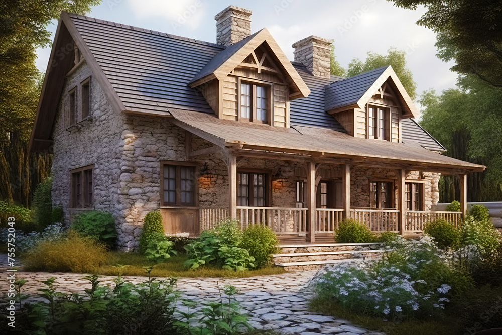 Beautiful country house in traditional architectural style with wooden porch. Beautiful country house in traditional architectural style with wooden porch.