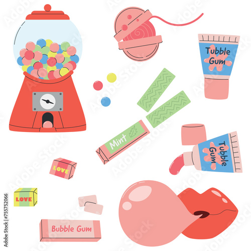 Set of chewing gum, chewing candy, colorful sweet chewing gum in packaging for children, isolated set on white background