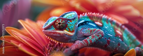Colorful Chameleon Blending into Vivid Flowers  © nialyz