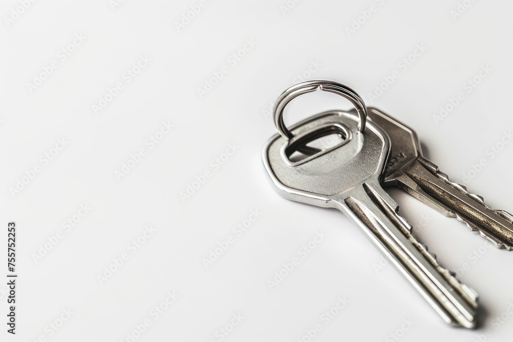 Two keys inside a silver ring are on a white background seen from above with copy space. Real estate and mortgage investment property concept Two keys inside a silver ring are on a white background seen from above with copy space. Real estate and mortgage investment property concept