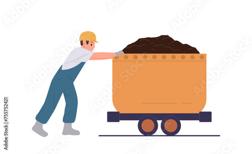 Man worker cartoon character transporting extracted ore in wagon engaged in coal mining in mine