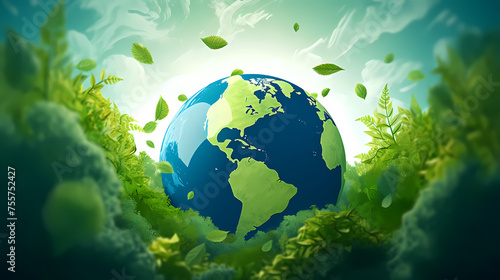 The green earth in the middle of the green forest represents nature  shows love for nature and protects the environment