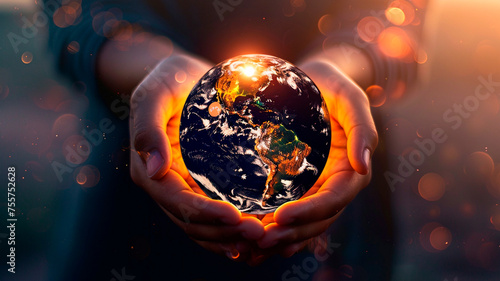 earth in the hands of the world. the concept of the global warming.
