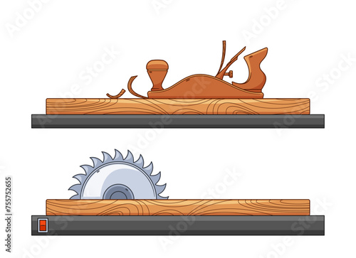 Carpentry Tools, Plane Smooths And Flattens Wood Surfaces, Circular Saw Swiftly Cuts Through Wood, Vector Illustration