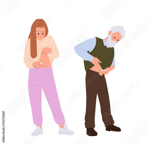 Young woman and senior man diabetic patient cartoon characters applying insulin self-injection