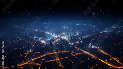 City plan with glowing city map and infrastructure grid, city map illustration
