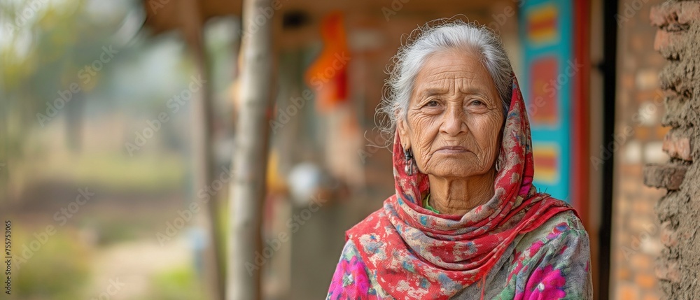 elderly woman posing outside her country home and glancing at the camera