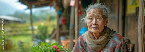 elderly woman posing outside her country home and glancing at the camera photo
